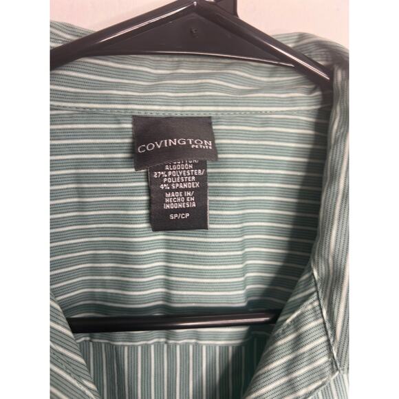 Worthington Women Top SP White Green Striped Button Front Long Sleeve Shirt - Picture 3 of 6
